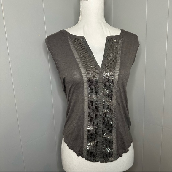 American Eagle Gray Sequin Henley Tank Top XS – Glam Y2K Basic - Picture 2 of 6